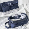 Folding double layer polyester pencil case in blue, navy blue, and beige colour options.