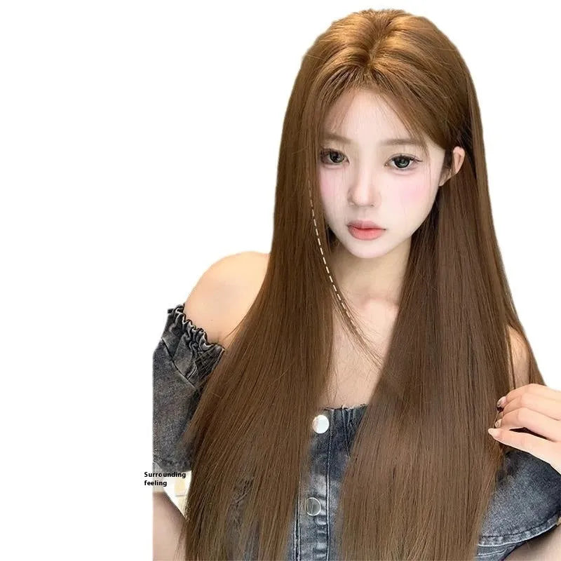 Centre-parted bangs long straight wig in warm brown with forehead lace front