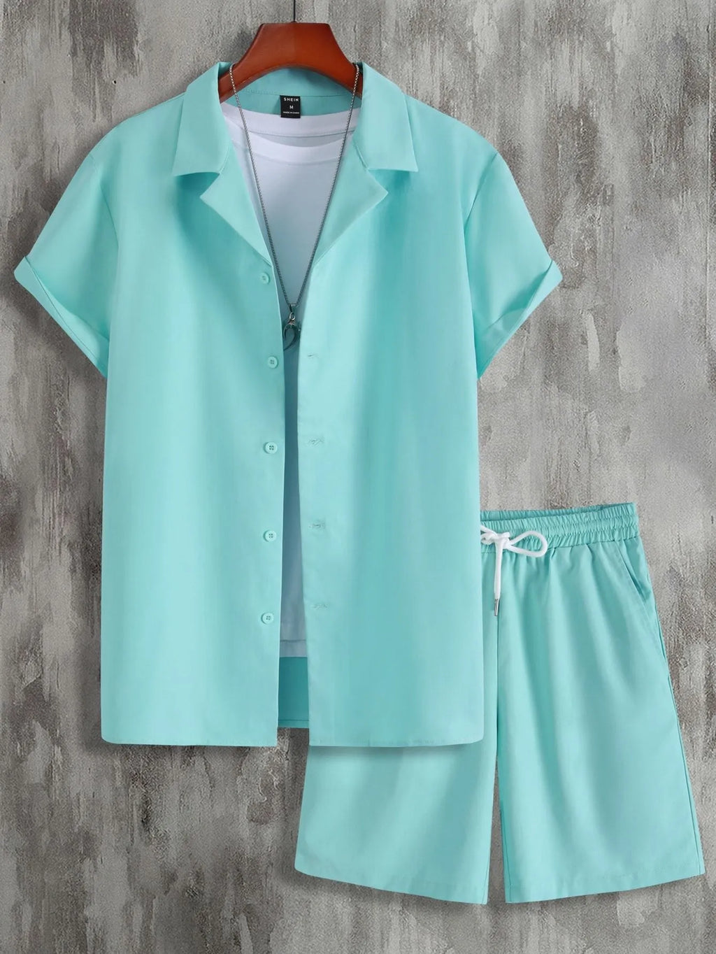Men's short sleeve Cuban collar sport suit with matching shorts in lightweight polyester fabric