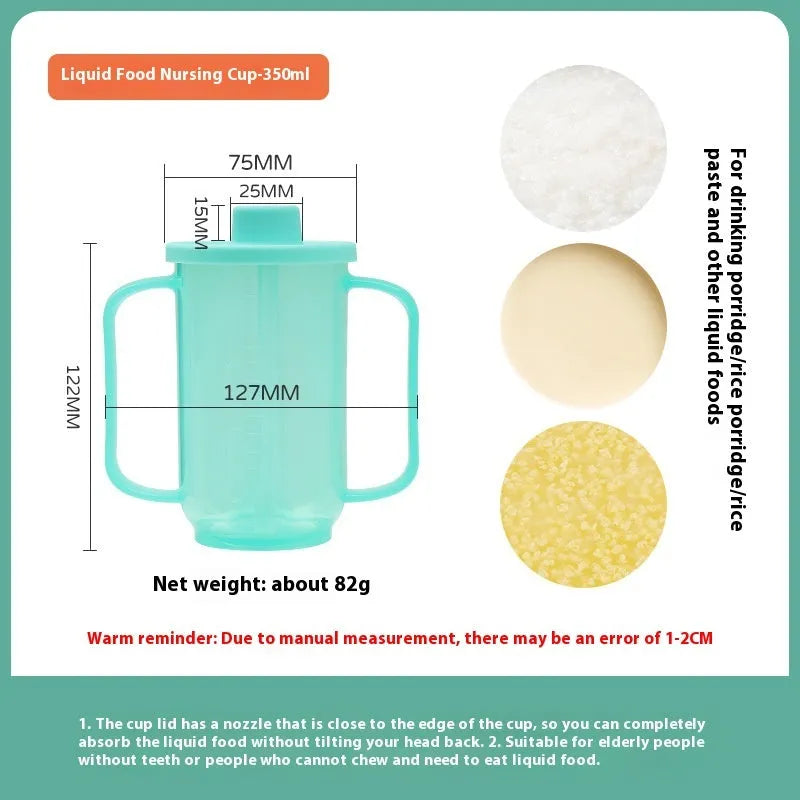 Elderly anti-choke drinking cup with oblique mouth and optional wrist splint for safe assisted feeding
