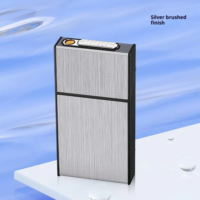 USB rechargeable aluminium creative cigarette case in black brushed finish for storage and collection