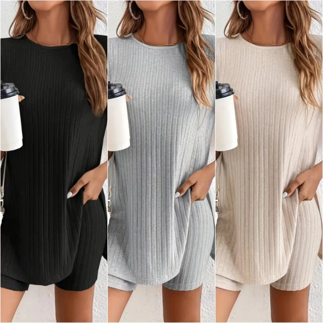 Ladies cotton ribbed crew neck short sleeve top and shorts set in black, grey or khaki