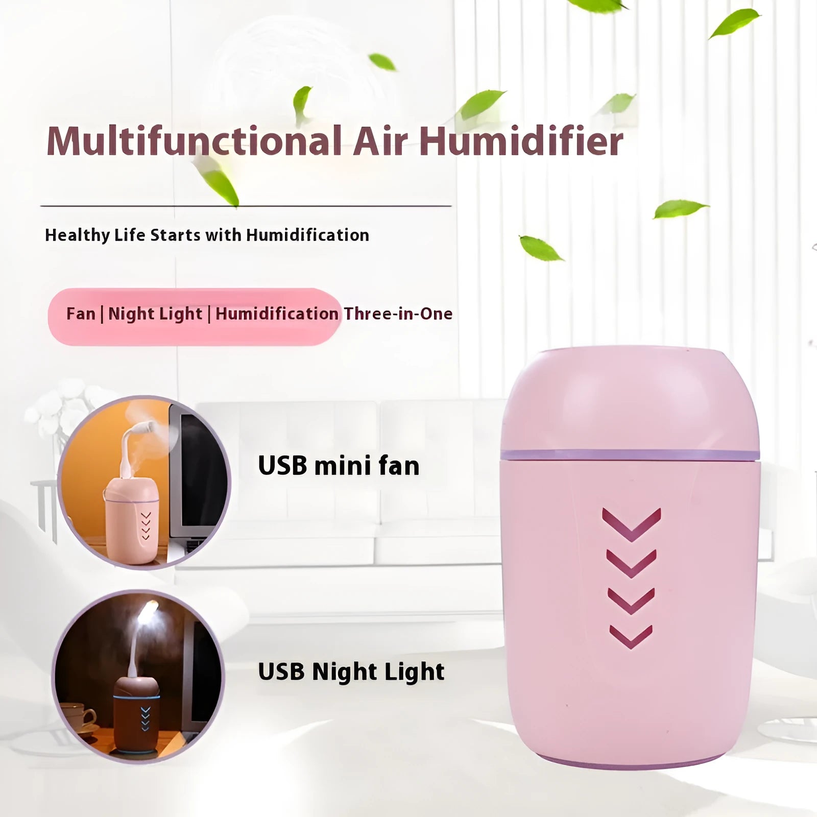 Round white portable air purifier and aromatherapy diffuser unit with USB cable for car or desk use.