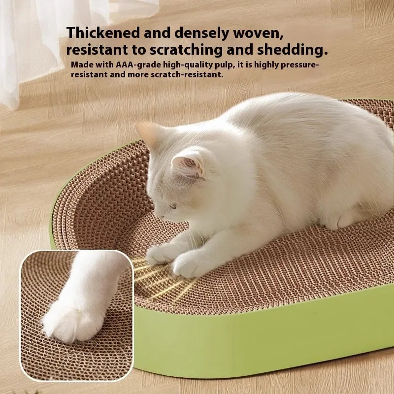 Green oval corrugated paper cat scratch board and lounge nest, 55 cm in diameter