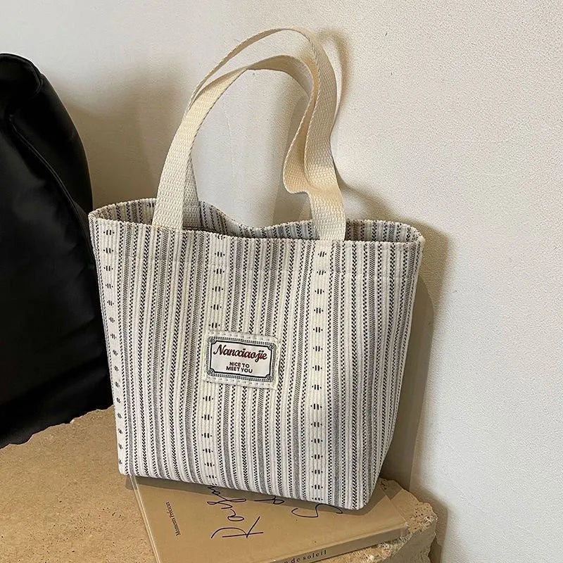 Japanese style large capacity corduroy shoulder tote bag in dark brown colour.