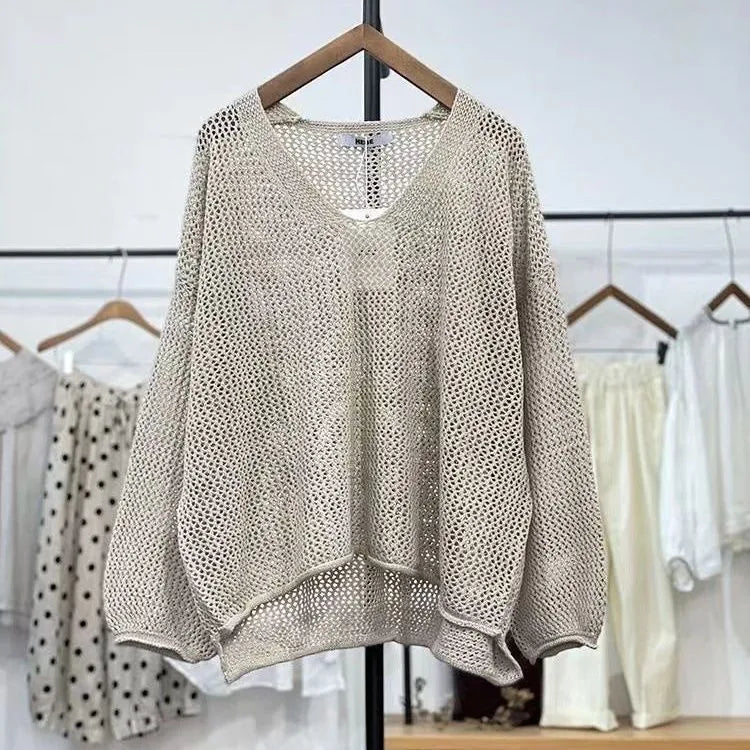 Loose polyester mesh top with 3/4 princess sleeves in green, purple, brown, or apricot white
