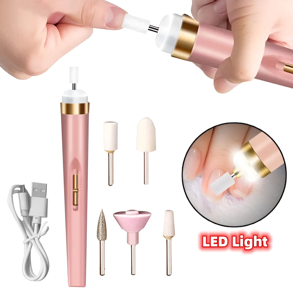 5in1 cordless USB electric nail drill set with LED light, five abrasive heads, and rechargeable battery in pink