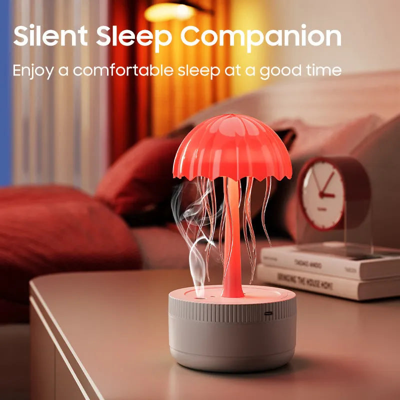 White USB rotating colorful light humidifier with large mist output on a desktop surface