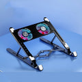 Black folding laptop cooling fan stand with dual fans on a desk