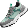 Green low-top safety work shoes with a mesh upper, plastic steel toecap, and a slip-on design.