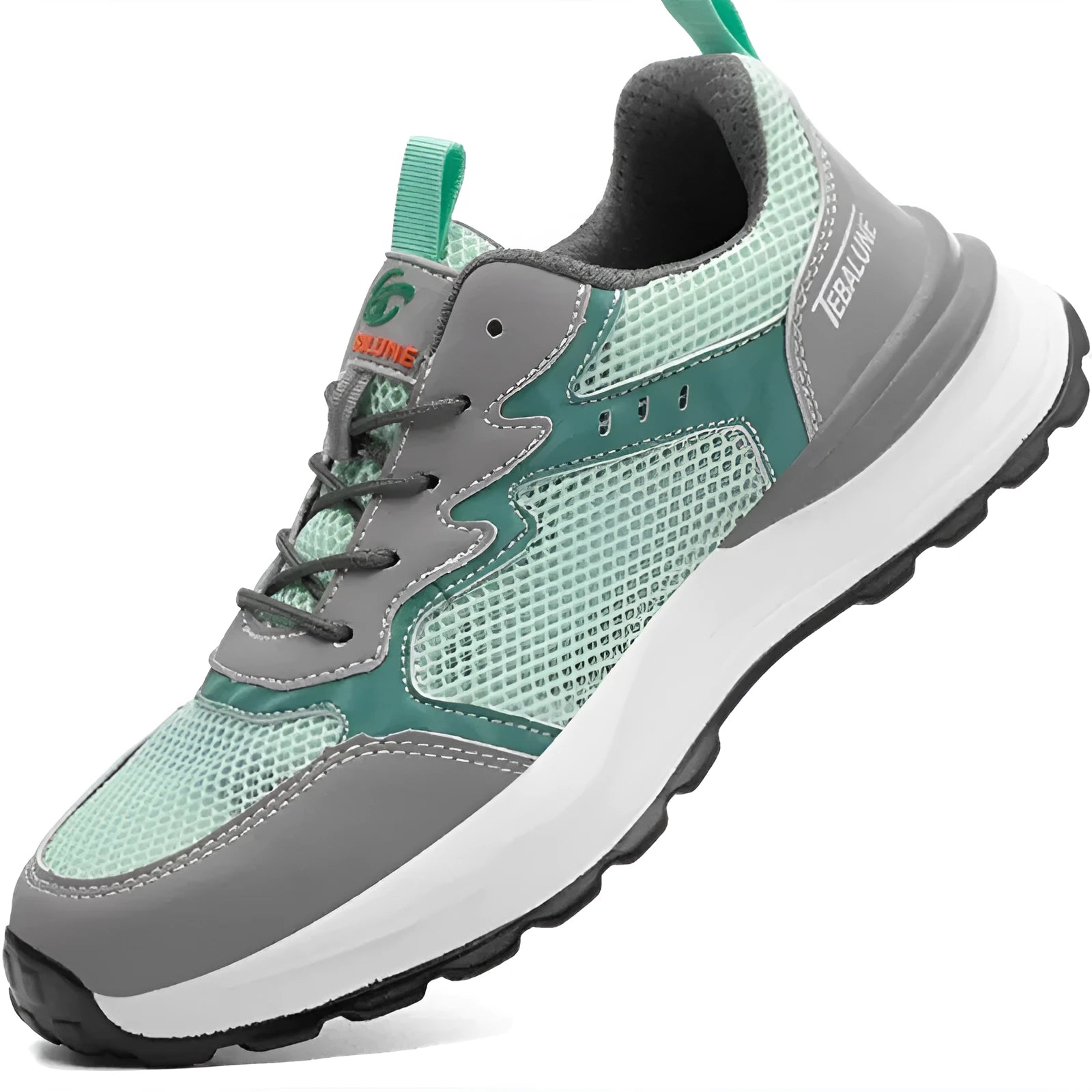 Green low-top safety work shoes with a mesh upper, plastic steel toecap, and a slip-on design.