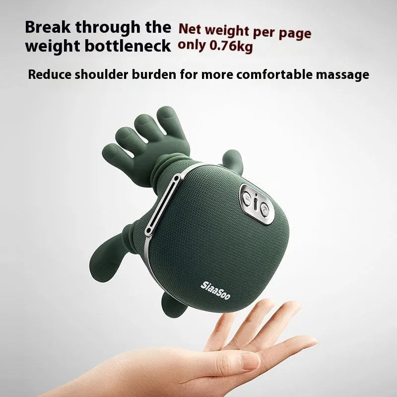 Rechargeable hand shoulder neck massager in moss green on a white background
