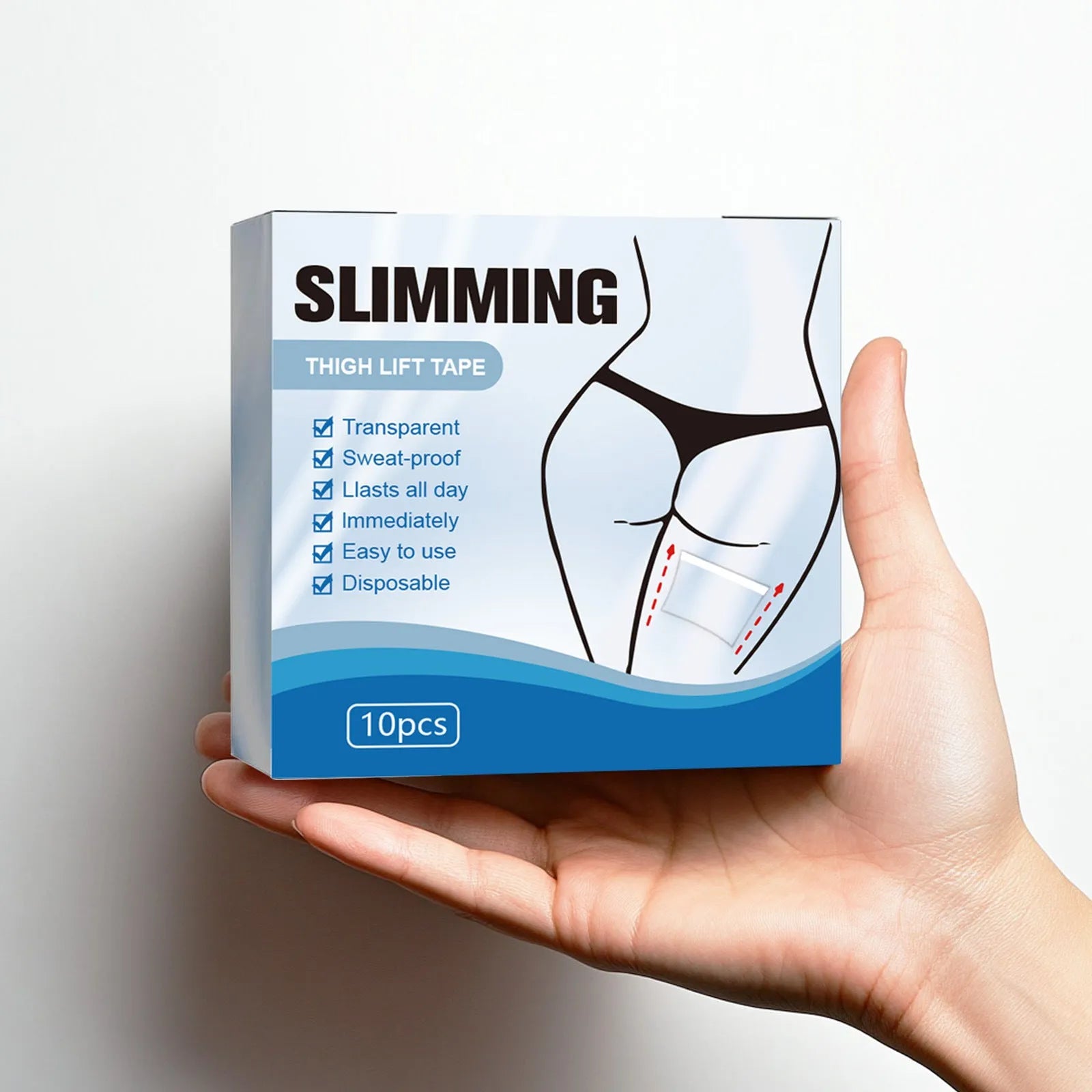 Pack of 10 square slimming body shaping patches on skin, each measuring 12cm.