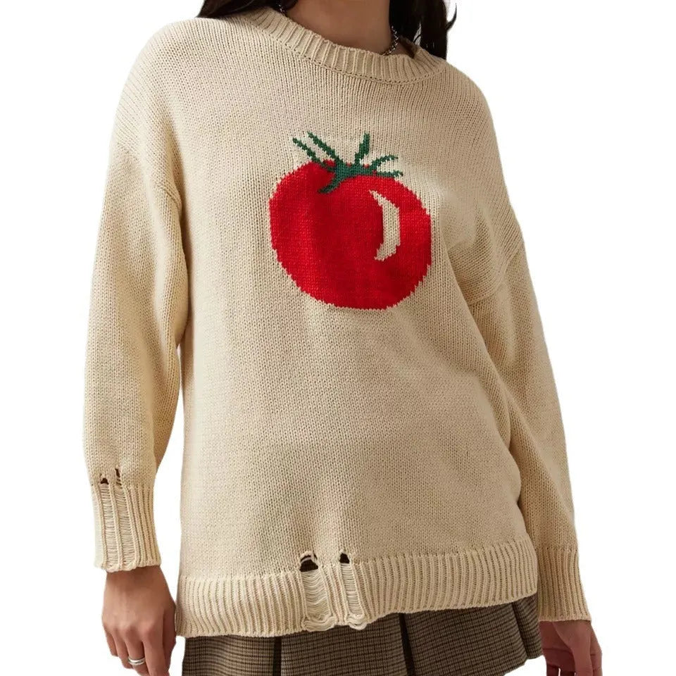 Women's loose-fitting Milky White acrylic pullover sweater with Jacquard pattern and round neck.