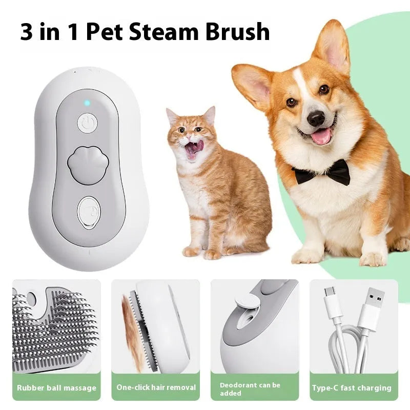 Pet spray cat cleaning massage comb with silicone brush head in beige yellow, blue, gray or orange colour options