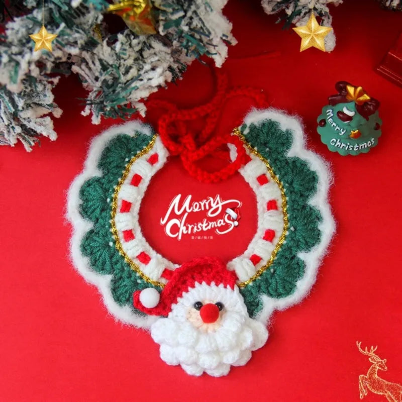 Adjustable Christmas knit pet collar with crochet Elk pattern, soft yarn, sizes L and M for cats and dogs