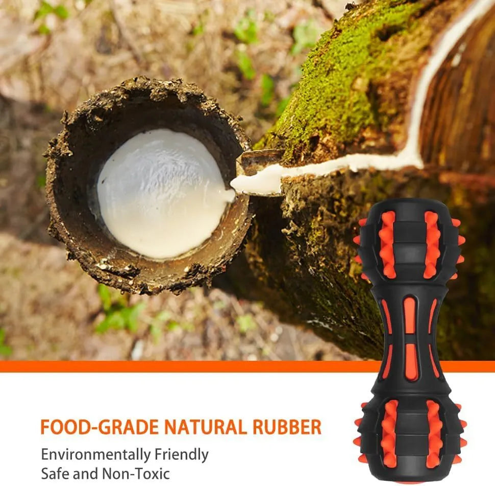 Red rubber dumbbell-shaped dog chew toy for aggressive chewers on a white background.