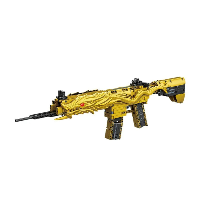 Golden Sand Eagle M416 rifle toy model made from small plastic building blocks, colour box packaging, for teenagers
