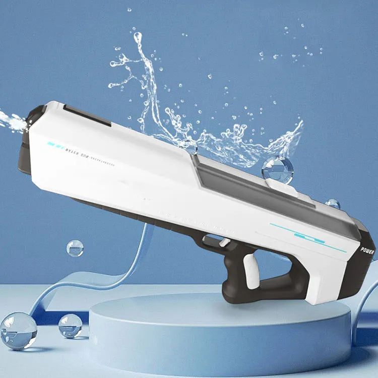 Fully electric water gun toy in sky blue with trigger handle and ABS plastic body on outdoor grass background