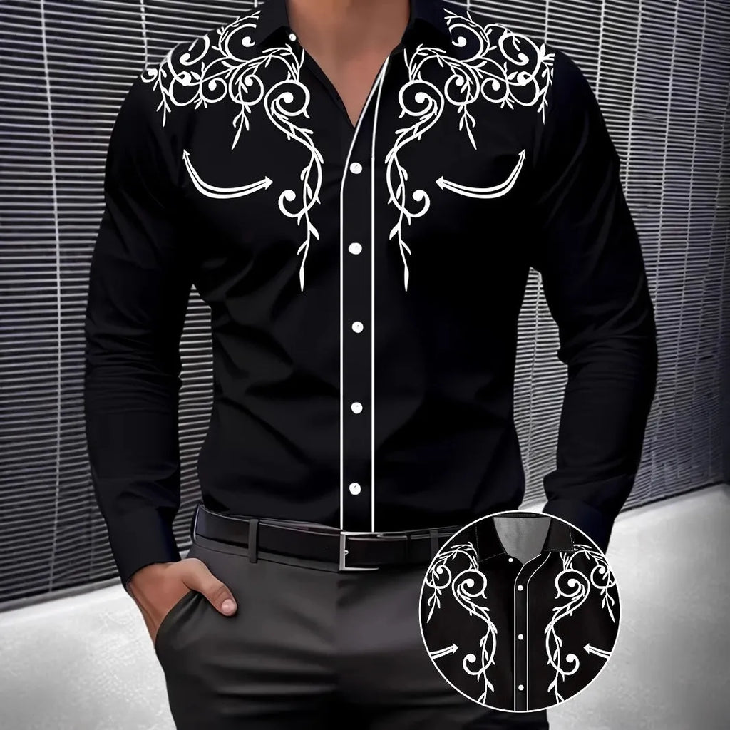 Men's long sleeve casual shirt in thin polyester with national-style digital print, loose cardigan fit, available in multiple colours