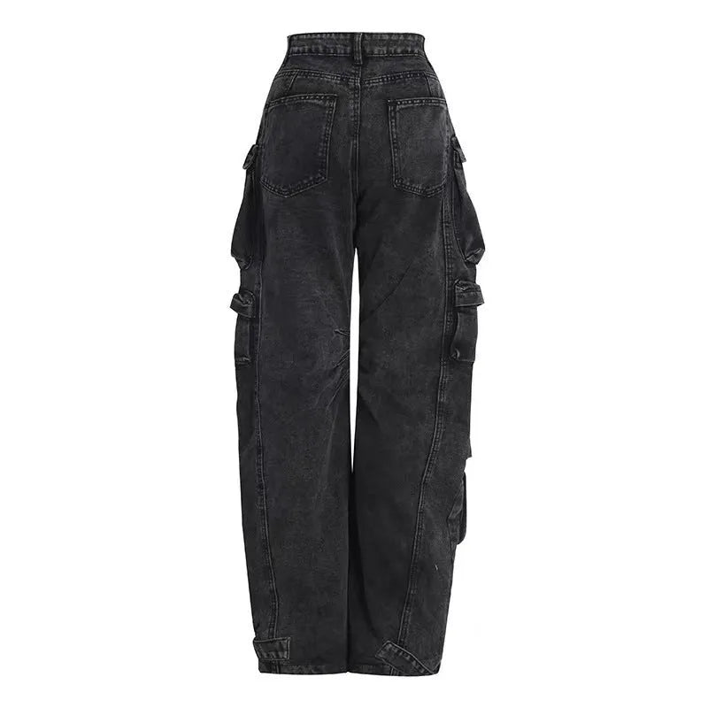 Women's high waist tie-dyed denim trousers with wide leg silhouette and multiple pockets in street hipster style