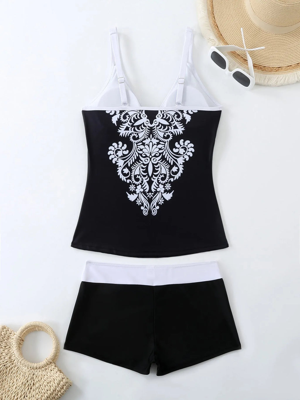 Plus size women's printed swimsuit briefs in black or rose red with cotton lining