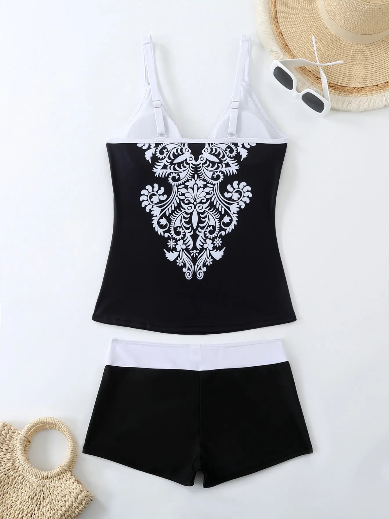 Plus size women's printed swimsuit briefs in black or rose red with cotton lining
