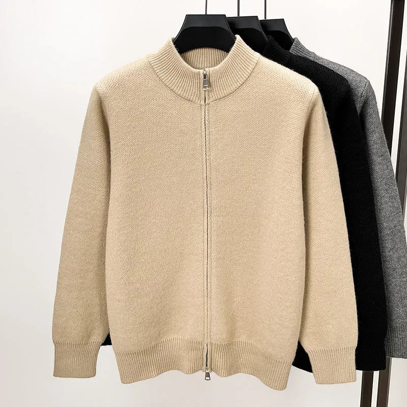 Men's stand collar knitted zipper cardigan in loose fit available in black, grey and beige