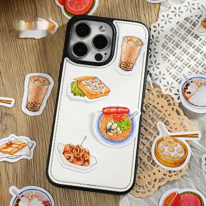 Box-packed night market snacks retro stickers 46 pieces adhesive labels for DIY decoration