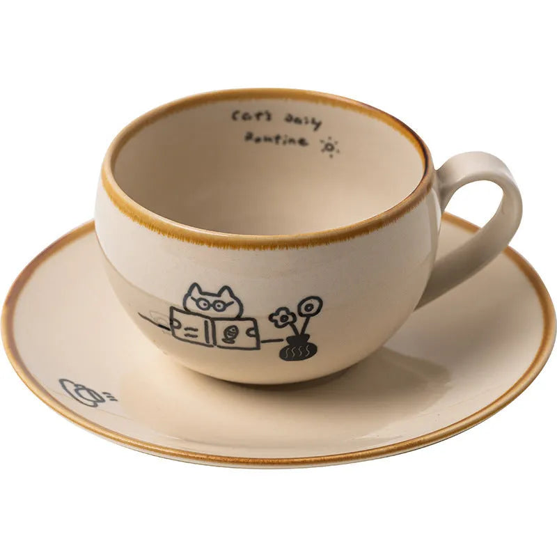 Cute cartoon Japanese cat ceramic coffee cup 250ml with rest illustration on white background
