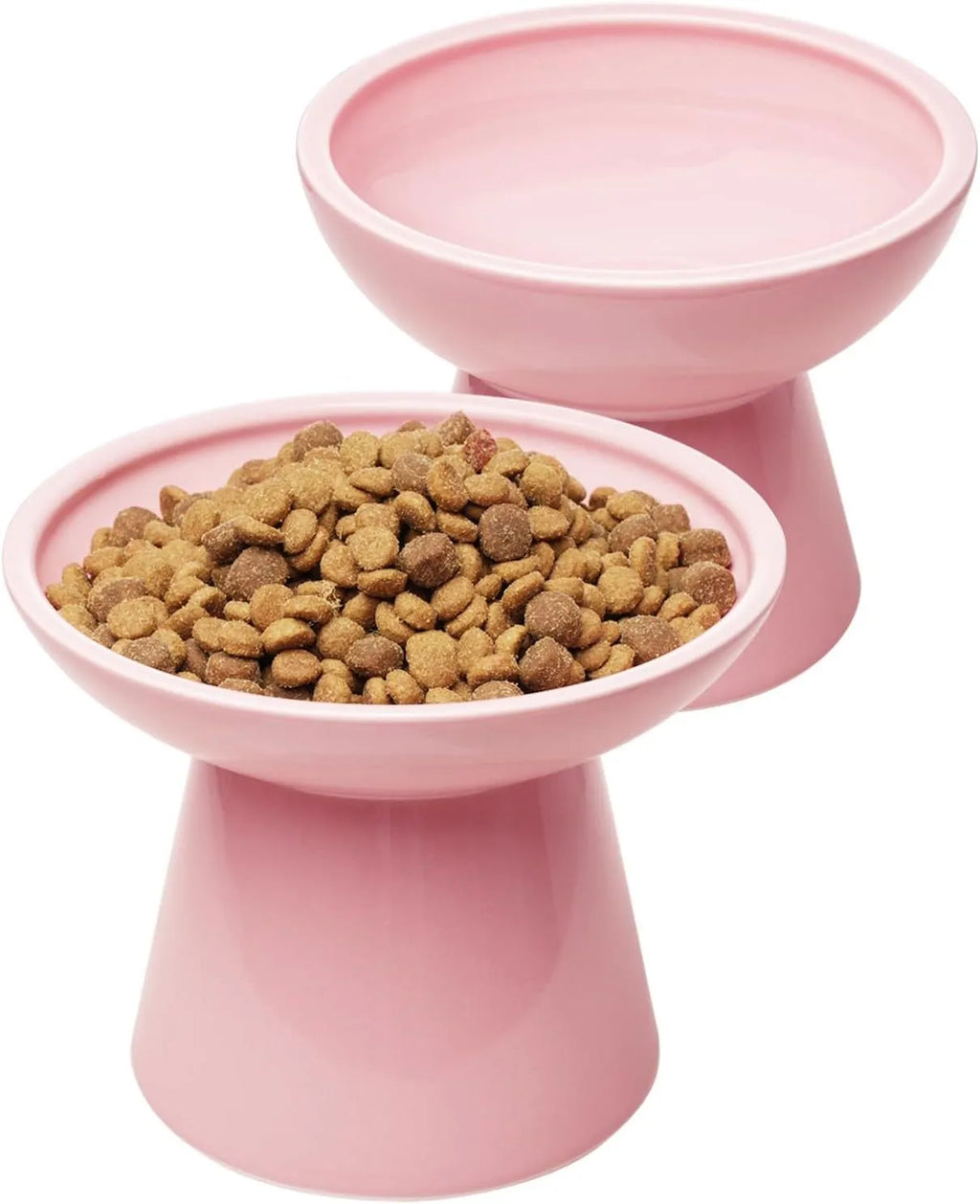 Ceramic elevated cat food and water bowl set in blue, showing wide shallow dish and raised base.