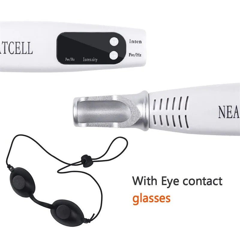 Picosecond laser pen in blue and red colours for tattoo removal and dark spot treatment, with charge cable and safe goggles