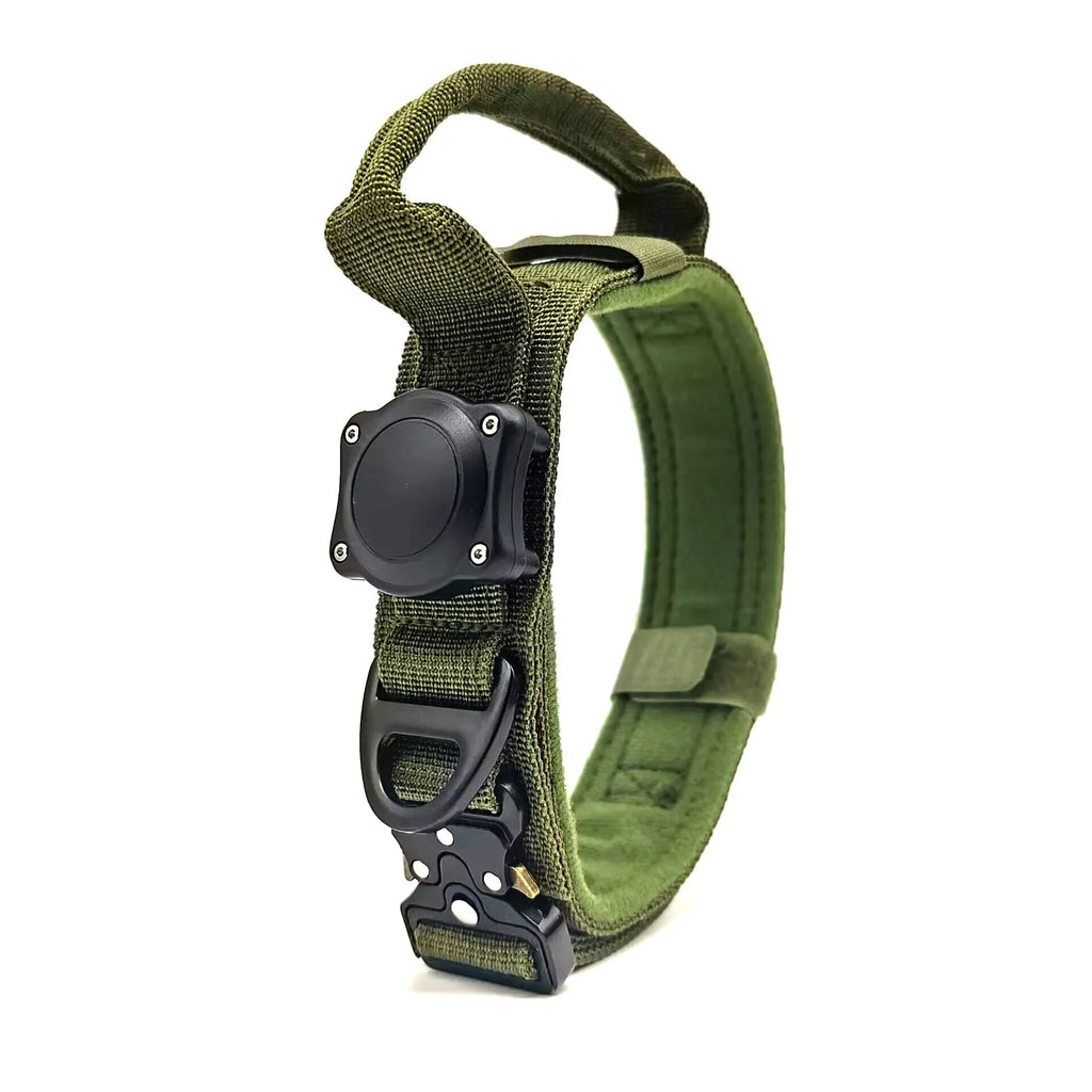 Tactical waterproof dog collar with positioning ring in black, army green, and khaki colours