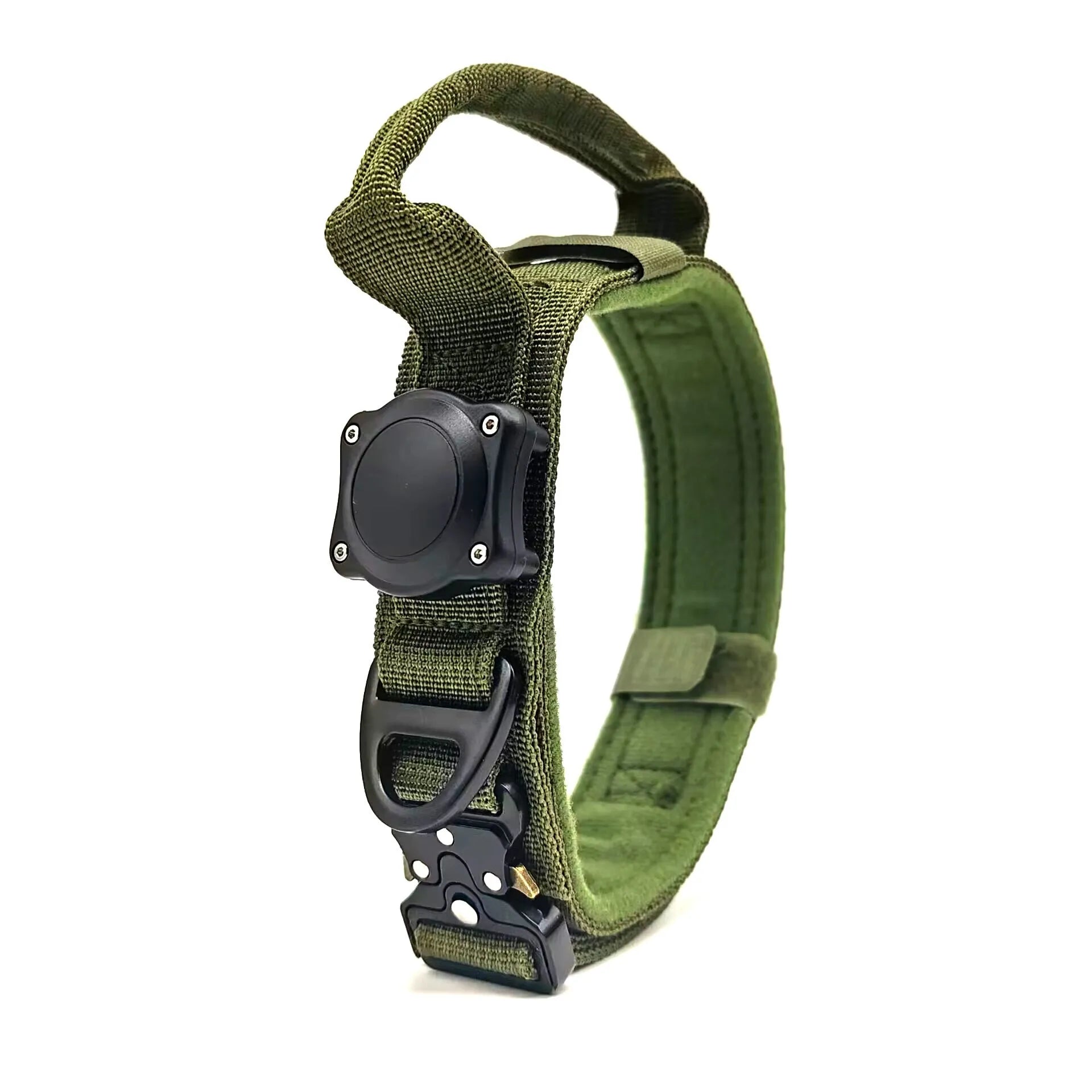 Tactical waterproof dog collar with positioning ring in black, army green, and khaki colours