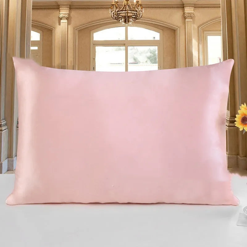 19 M double-sided silk pillowcase shown in apricot colour with three size options displayed