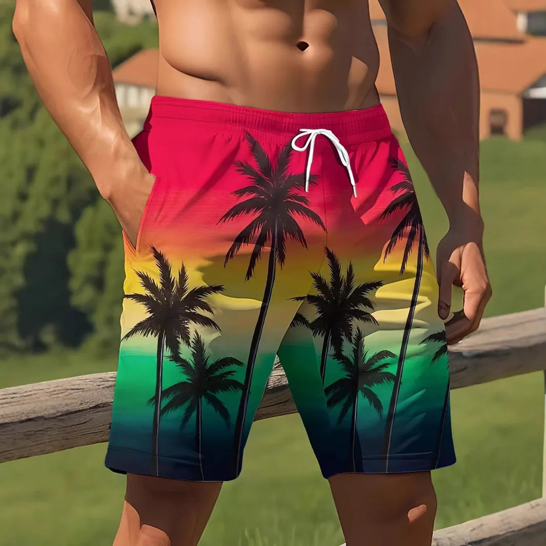 Men's solid colour quick-dry swimming trunks made from elastic polyester fabric.