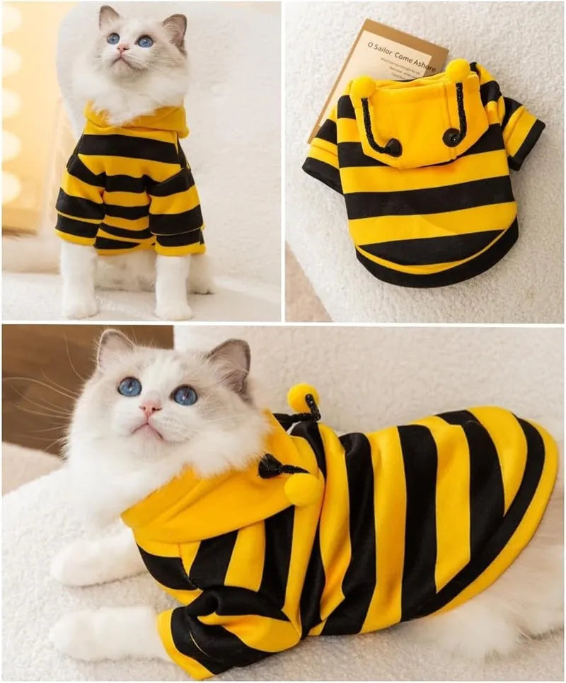 Yellow and black bee antenna hoodie for dogs and cats with flexible hat antennae and soft flannel lining