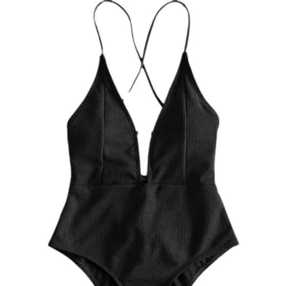 Women's one-piece swimsuit, solid colour backless lace-up design, black or olive green, sizes S to XL