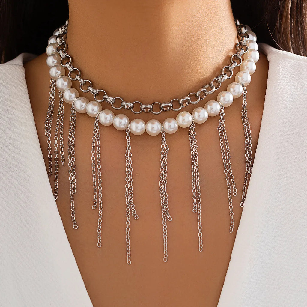 Imitation pearl tassel chain double-layer retro necklace with white K finish and geometric iron pendant