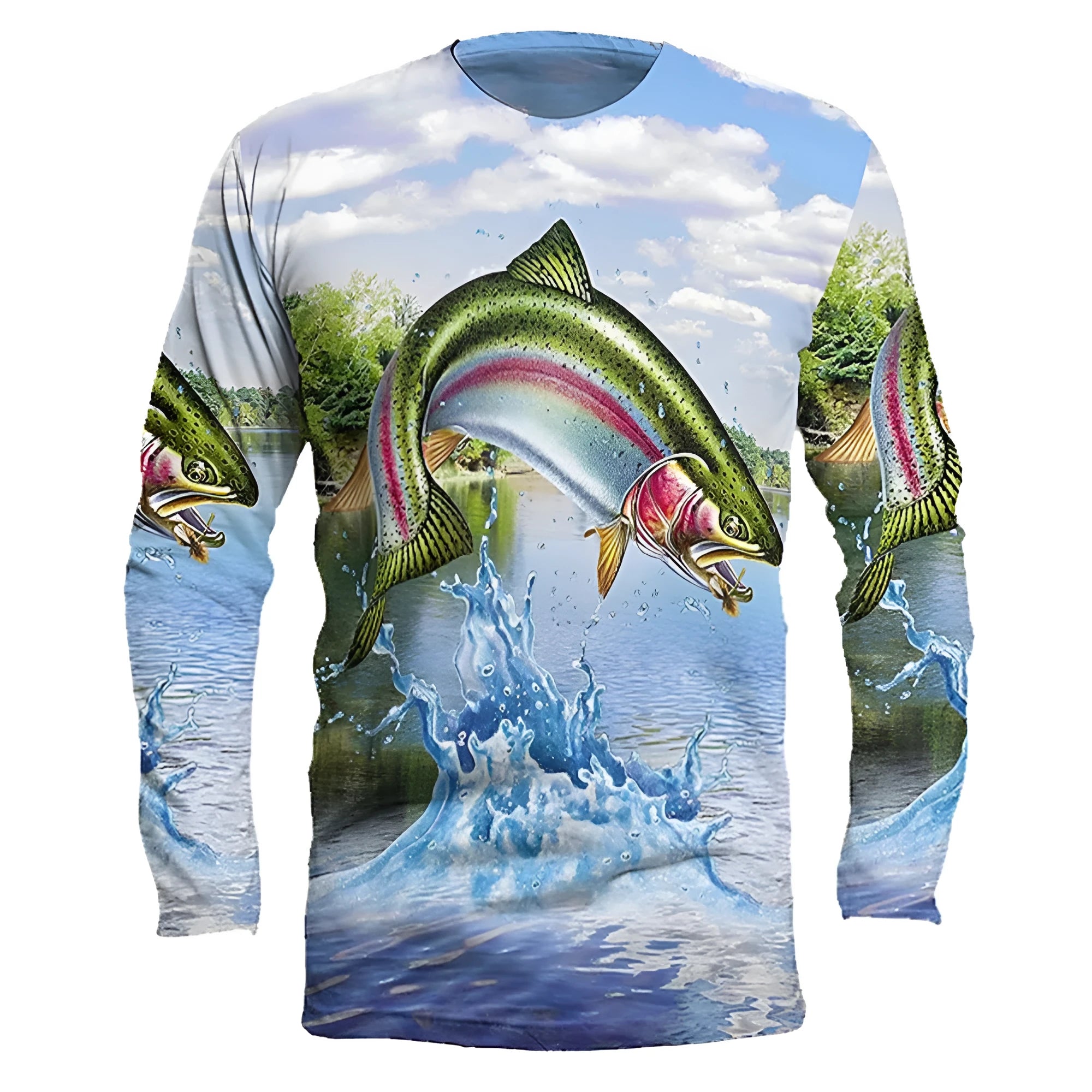 Men's grey round neck pullover with a colourful fish graphic print on the front.