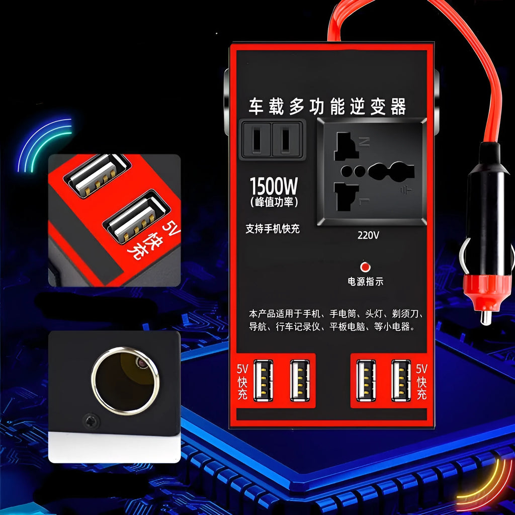 Black automotive power converter converting 12V/24V vehicle power to 220V AC with USB charging ports
