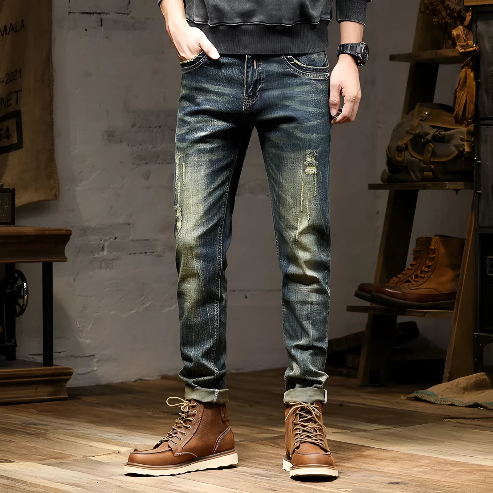 Men's stretch jeans in retro colour with zip fly and skinny fit