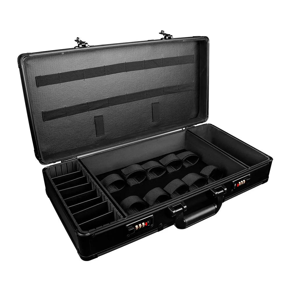 Black PVC storage case for hairdressing tools and salon cosmetics, showing its size and hard-shell construction.