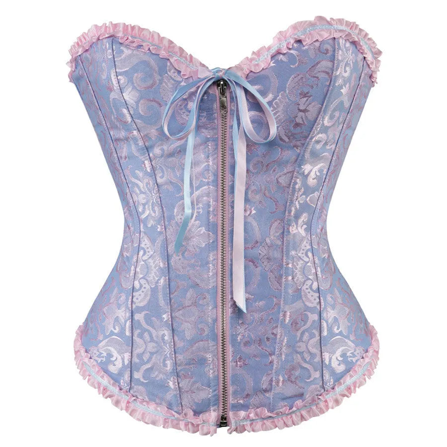 Women's black and red jacquard pattern corset with a front zipper fastening.