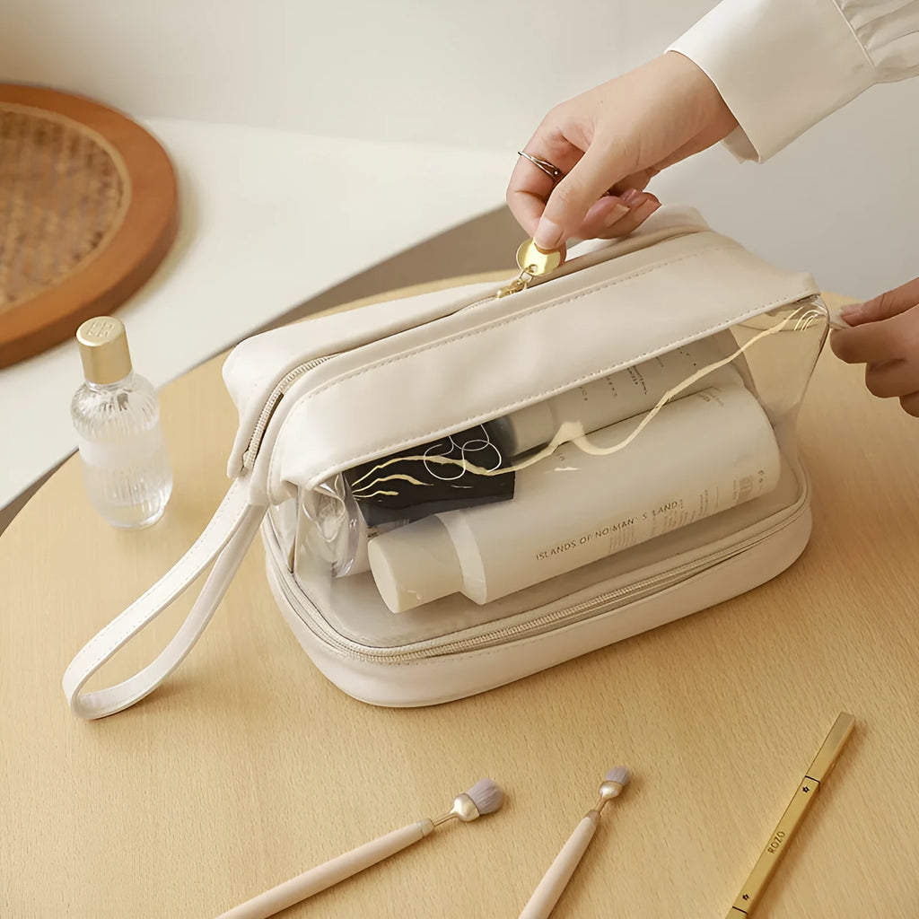 Double layer transparent steel wire cosmetic bag in PU leather, 24.5x15x17cm, available in black, brown, milk apricot white, and rose pink