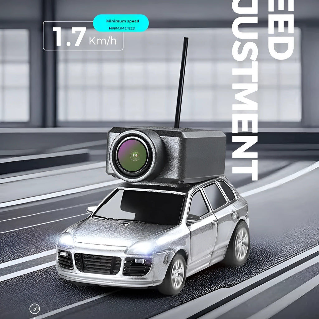 Mini remote control car with alloy body, FPV camera, and blue ambient lighting on a white background