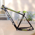 Black green aluminium mountain bike frame with internal cable routing and disc brake mounts