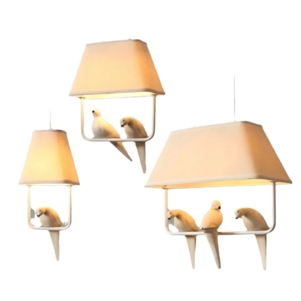 Iron and fabric bird chandelier ceiling lamp with decorative bird silhouette shade.