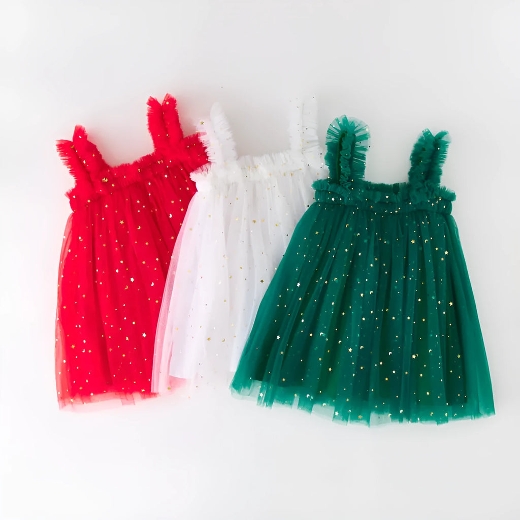 Girls Christmas star moon strapless sling dress in green, red or white, sizes 73cm to 130cm