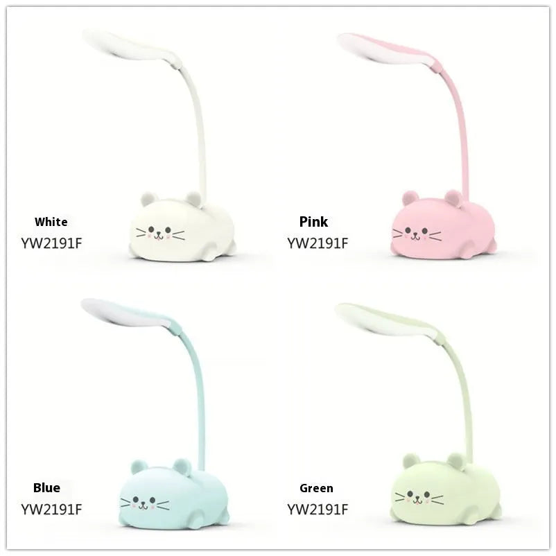 Cartoon USB learning table lamp with plastic shade and button switch, available in kitten colours
